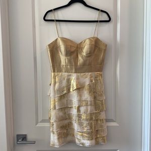 Aidan Mattox Mini Gold Metallic Silk Tiered Formal Cocktail Dress Lined